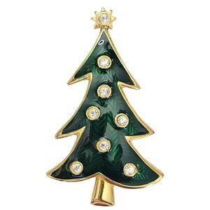 LIA Gold Tone Green Enamel Clear Rhinestone Christmas Tree Brooch, Signed M738